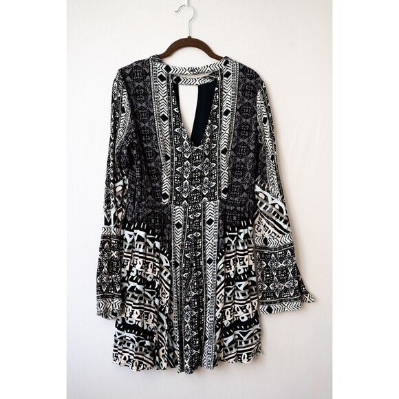 Free People Tegan Border Printed Mini Dress Black Comb Size 4 - Picture 2 of 6